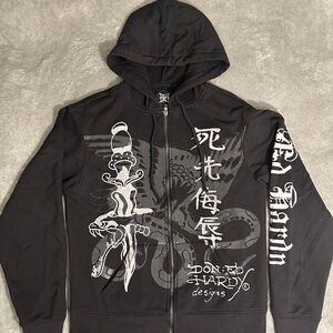 Ed Hardy Black Zip-Up Hoodie with Gray Graphic Snake & Dagger